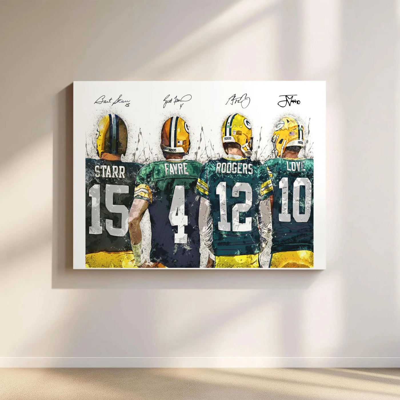 Green Bay Packers Quarterback Wall Art | Bart Starr Brett Favre Aaron Rodgers Jordan Love Poster | Premium Gallery Wrapped Ca