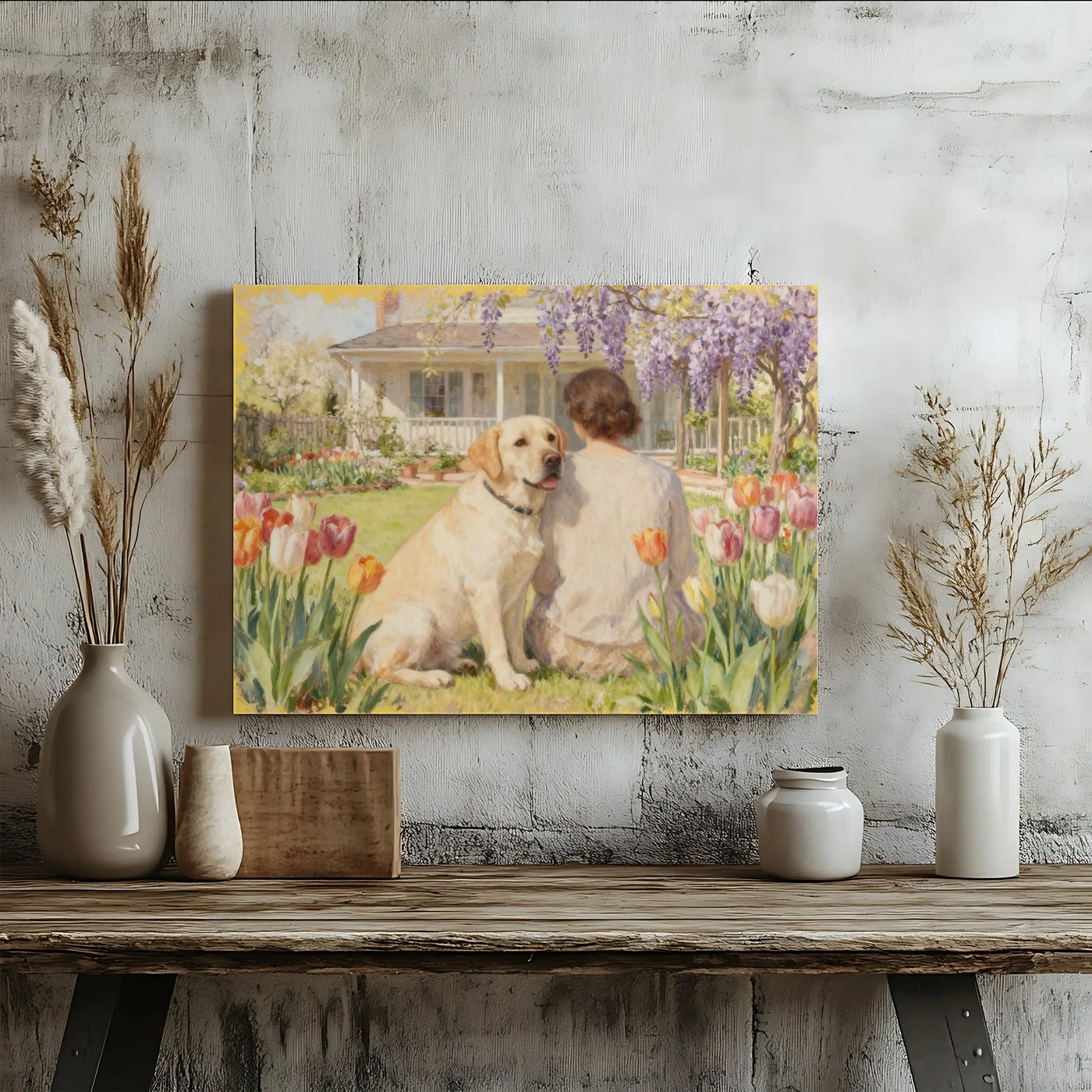 Vintage Yellow Lab Painting Canvas | Woman and Dog in Cottage Flower Garden Art | Premium Gallery Wrapped Print | Gift for Do