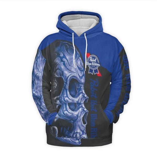 Pabst Blue Ribbon Hoodie | Ornate Skull Graphic 3D Print | Premium Polyester Brushed Fleece | Limited Edition Beer Lover Gift