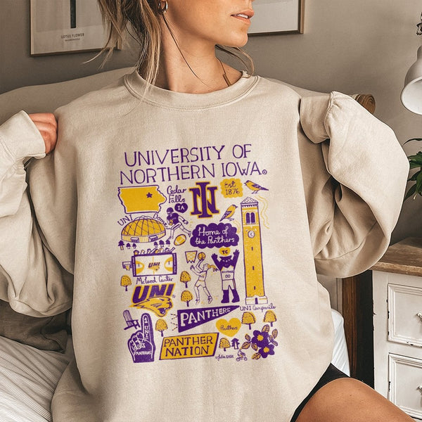 University Of Northern Iowa Sweatshirt | UNI Panthers Campus Art Collage | Premium Cotton Blend Crewneck | Gift For UNI Stude