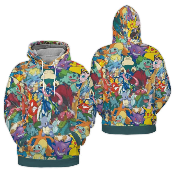 Anime Monster Collage Hoodie | All-Over Print Graphic Pullover | Soft Brushed Fleece Premium Material | Unisex Gift For Gamer