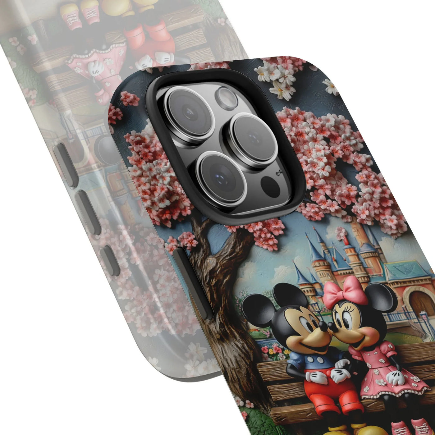 Cartoon Mouse Couple iPhone Case | Cherry Blossom Castle Design | Dual-Layer Polycarbonate | Premium Protective Gift for Disn