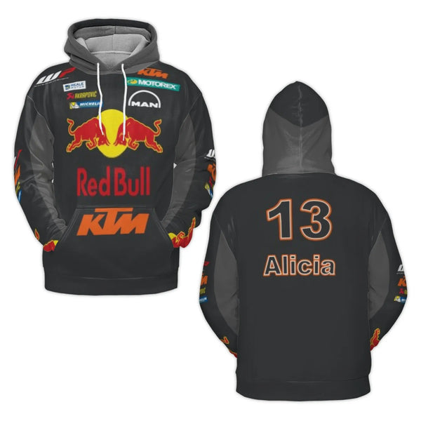 Custom Racing Hoodie | Personalized KTM Red Bull Motorsport Design | Brushed Fleece Polyester | Unisex Gift for Racing Fans