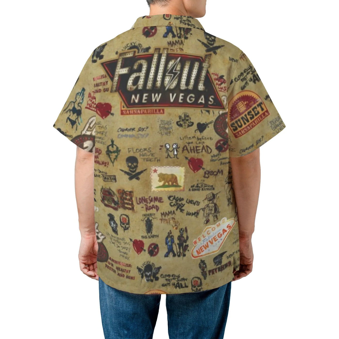 Fallout New Vegas Hawaiian Shirt | Lucky 38 Graffiti Allover Print | Woven Polyester Summer Button Down | Gaming Fan Gift for