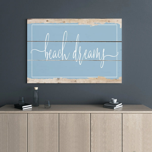 Beach Dreams Wall Art | Rustic Blue Coastal Script Decor | Premium Gallery-Wrapped Canvas | Nautical Living Room Beach House 