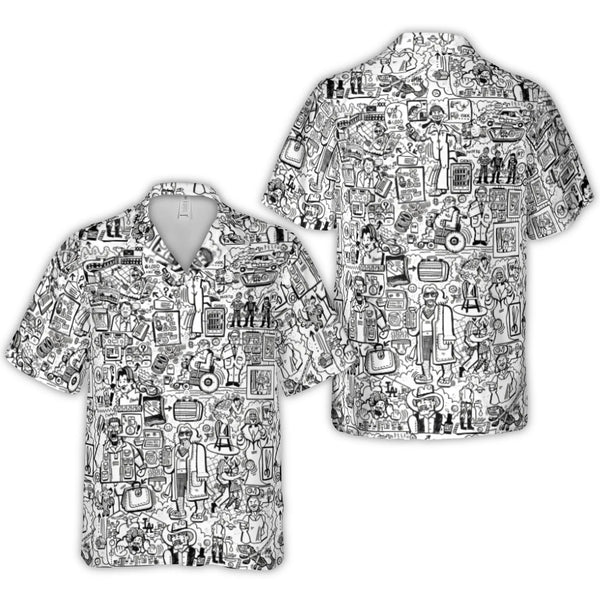 Cult Classic Movie Character Hawaiian Shirt | Doodle Collage Graphic Print | Premium Woven Polyester | Fun Birthday Gift For 