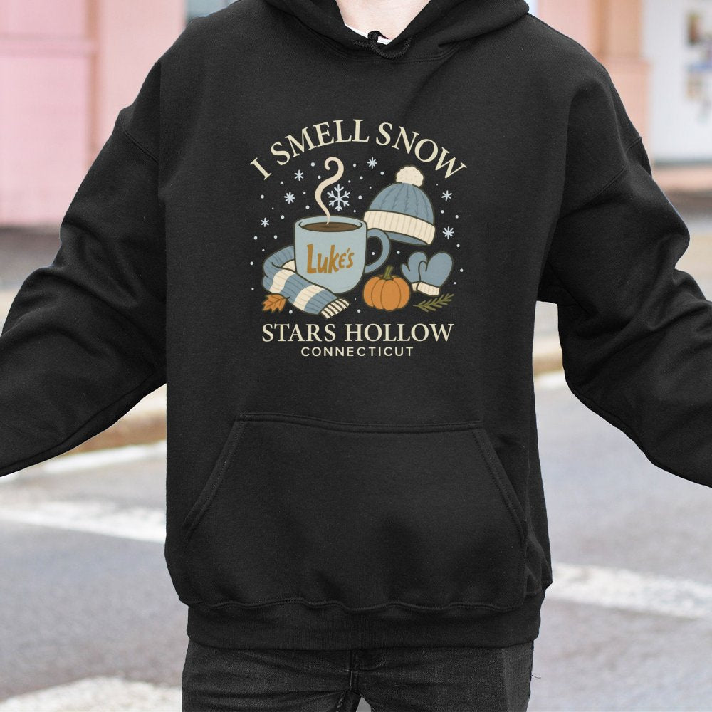 I Smell Snow Stars Hollow Hoodie | Cozy Luke Diner Coffee Graphic | Premium Cotton-Poly Blend | TV Show Fan Gift for Winter L