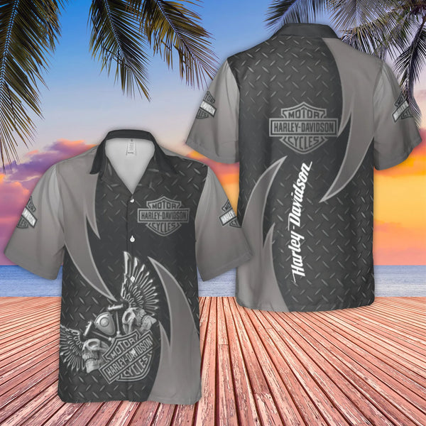 Motorcycle Skull Hawaiian Shirt | Diamond Plate Pattern Graphic | Lightweight Woven Polyester | Premium Biker Gift For Men