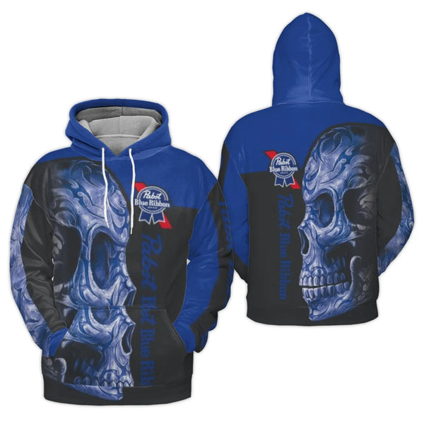 Pabst Blue Ribbon Hoodie | Ornate Skull Graphic 3D Print | Premium Polyester Brushed Fleece | Limited Edition Beer Lover Gift