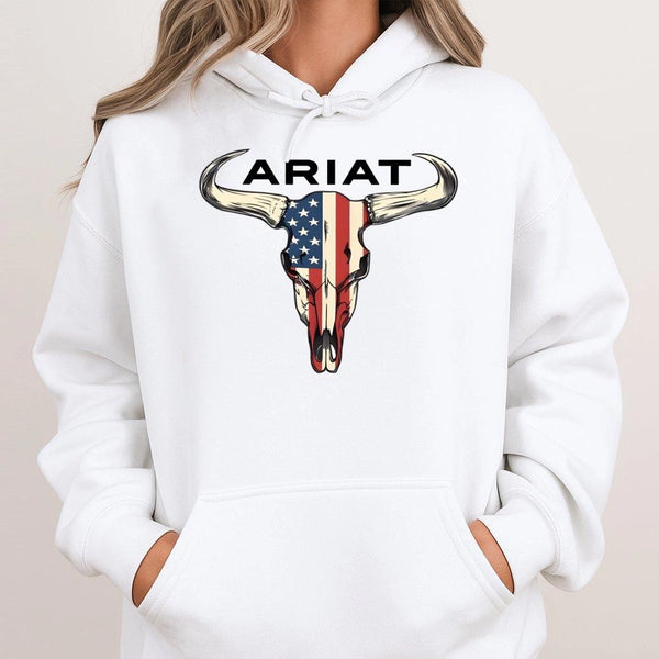 American Flag Bull Skull Hoodie | Western Cowboy Rodeo Graphic | Premium Cotton Blend | Country Farm Gift for Men and Women