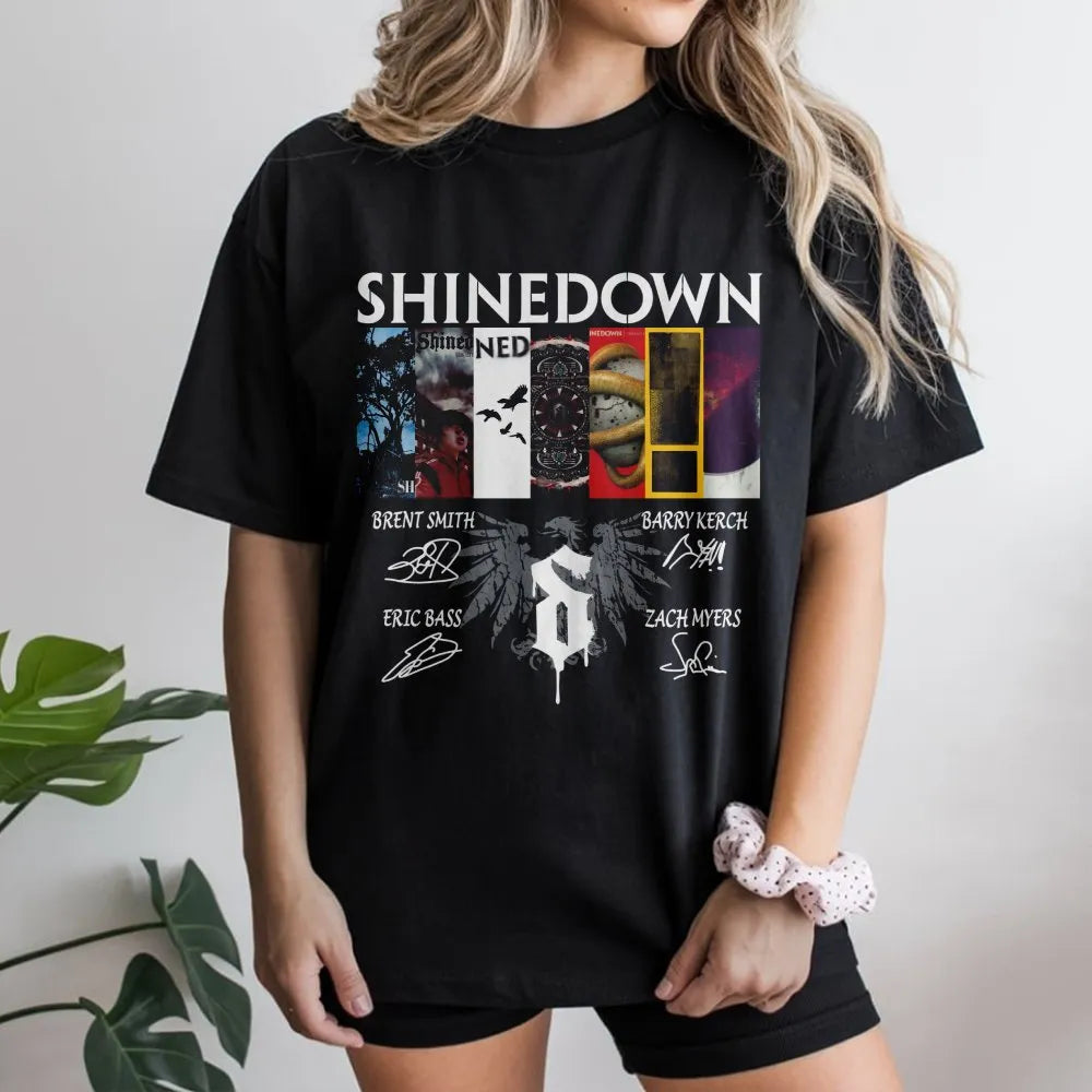 Shinedown Band T-Shirt | Album Collage Graphic with Autographs | Premium Soft Cotton Tee | Music Tour Merch Gift for Rock Fan