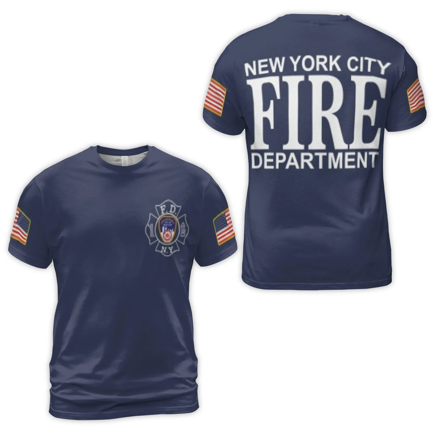 NYC Fire Department T-Shirt | FDNY Emblem & American Flag Sleeves | Premium Stretch Jersey | Gift for Firefighter Supporters