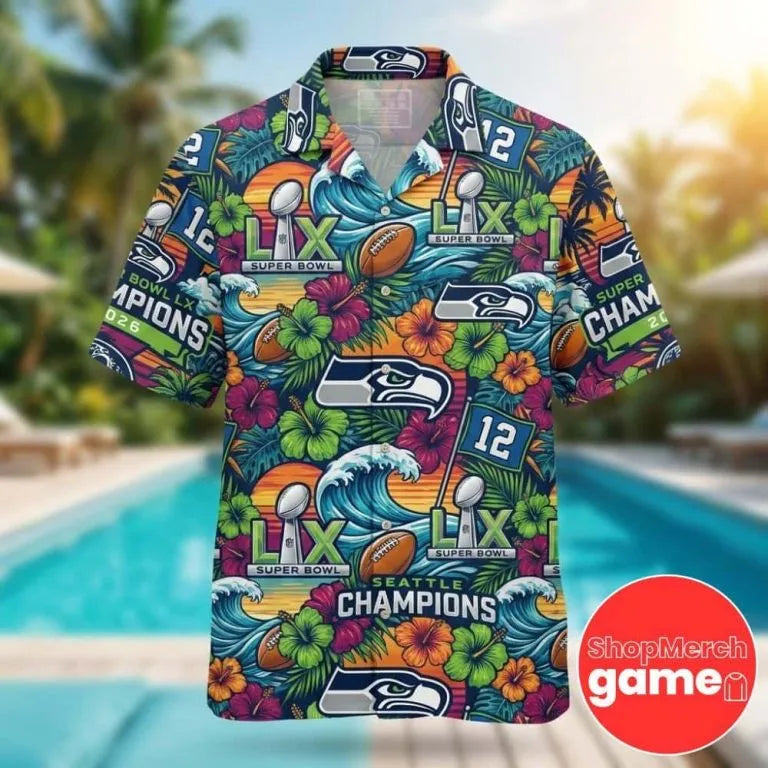Seattle Football Tropical Shirt | Super Bowl Champion Theme | Lightweight All-Over Print | Premium Fan Apparel for Game Day