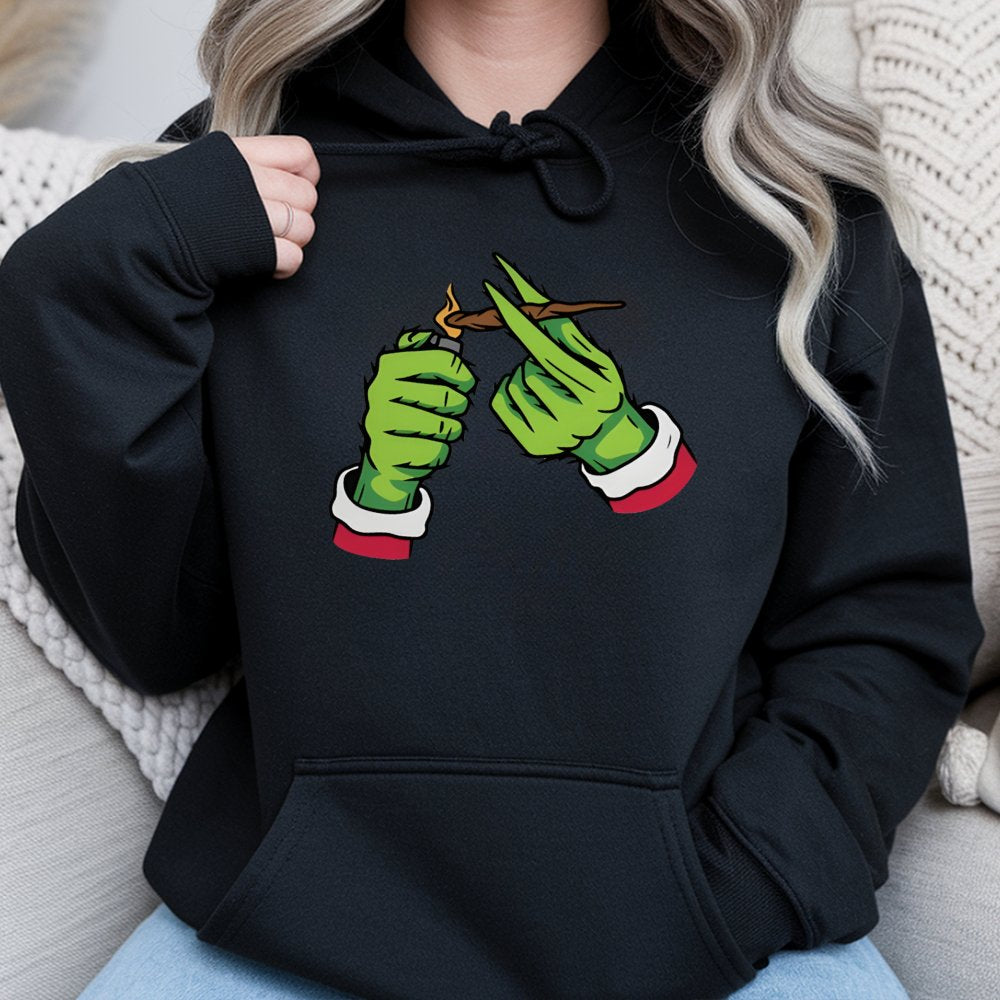 Green Monster Hand Hoodie | Funny Christmas Stoner Graphic | Soft Cotton Blend | Holiday Party Gift for Weed Lovers