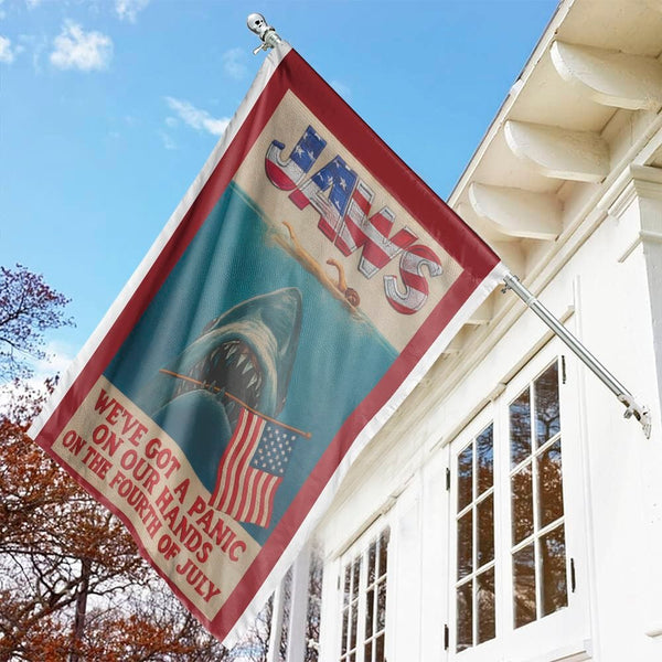 Shark Movie Patriotic House Flag | Jaws Inspired Fourth of July Decor | Durable Weather-Resistant Polyester | Gift for Horror