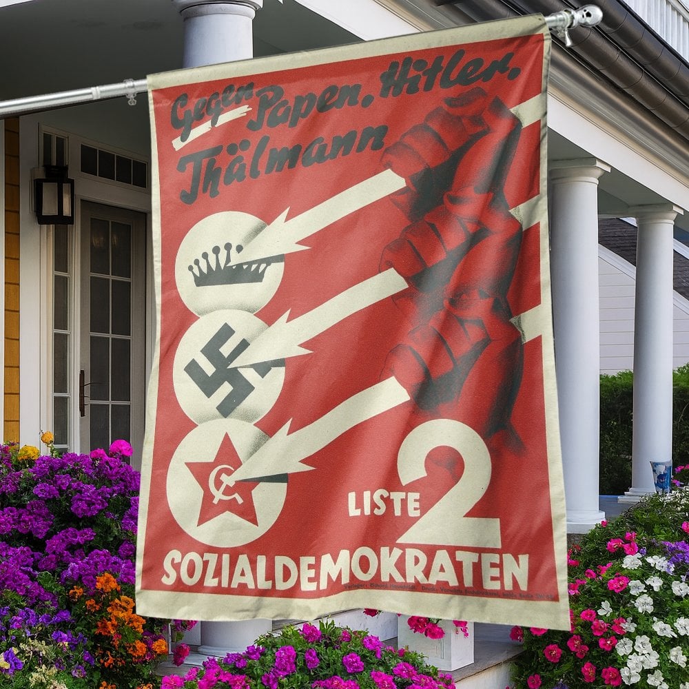 Iron Front House Flag | Three Arrows Anti-Fascist Historical Propaganda Art | Durable Weather-Resistant Polyester | History D