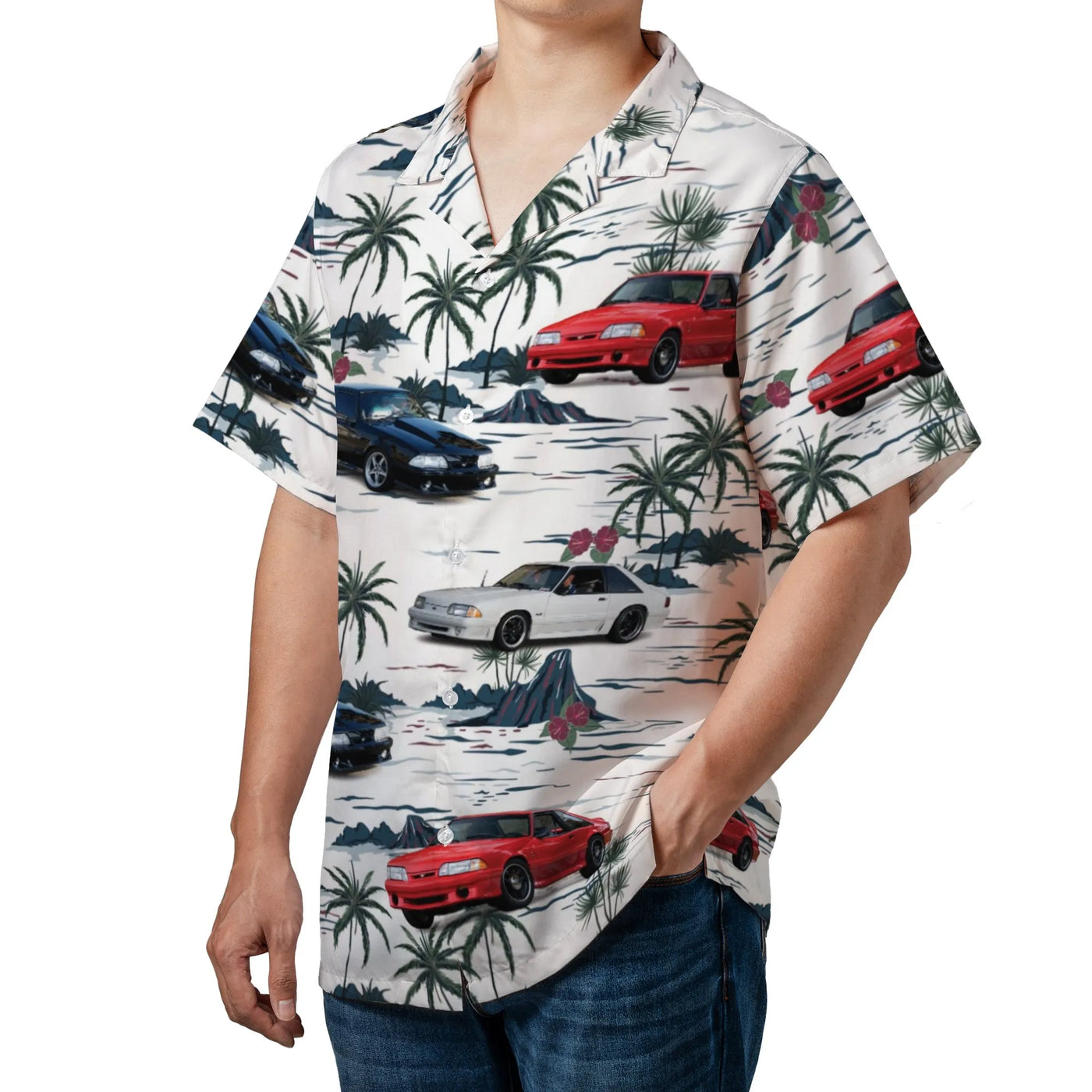Classic Foxbody Mustang Hawaiian Shirt | Tropical Muscle Car Print | Lightweight Polyester Fabric | Collector's Gift for Men