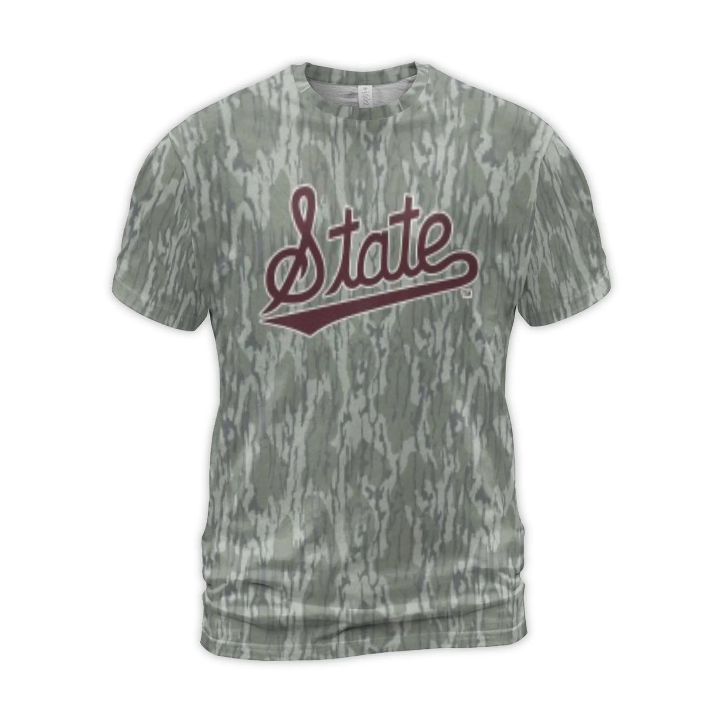 State Script Camo T-Shirt | All-Over Mossy Tree Bark Print | Premium Stretchy Jersey | Gift for Sports Fans and Outdoor Enthu