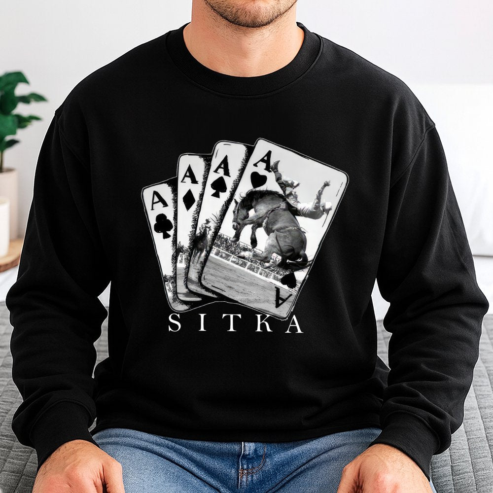 Sitka Rodeo Sweatshirt | Western Cowboy Bull Riding Playing Cards Graphic | Cotton-Blend Premium Pullover | Gift for Country 