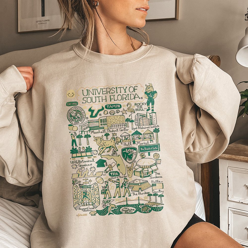 University Of South Florida Sweatshirt | USF Bulls Campus Map Illustration | Premium Cotton Blend Crewneck | Tampa College Al