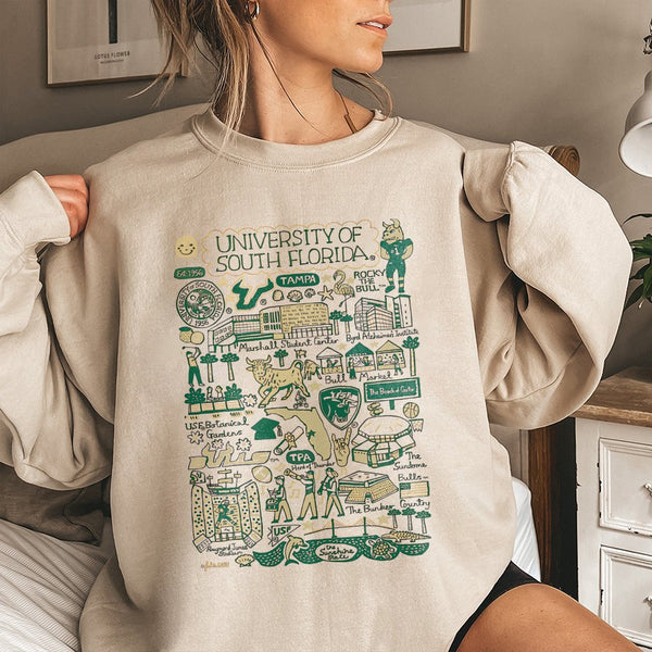University Of South Florida Sweatshirt | USF Bulls Campus Map Illustration | Premium Cotton Blend Crewneck | Tampa College Al