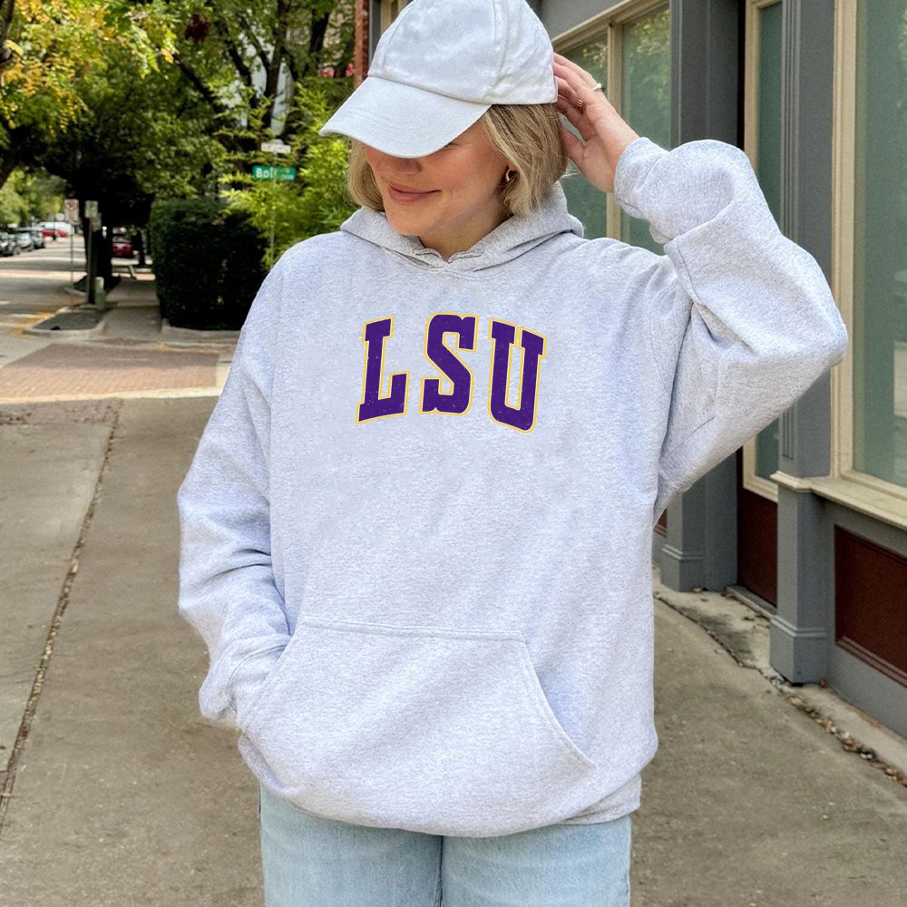 LSU Collegiate Hoodie | Vintage Distressed Athletic Lettering | Soft Cotton-Blend Premium Pullover | Unisex Sport Gift for St
