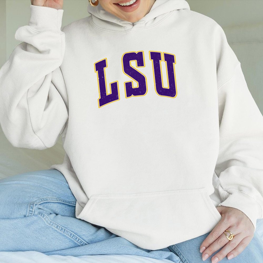 LSU Collegiate Hoodie | Vintage Distressed Athletic Lettering | Soft Cotton-Blend Premium Pullover | Unisex Sport Gift for St