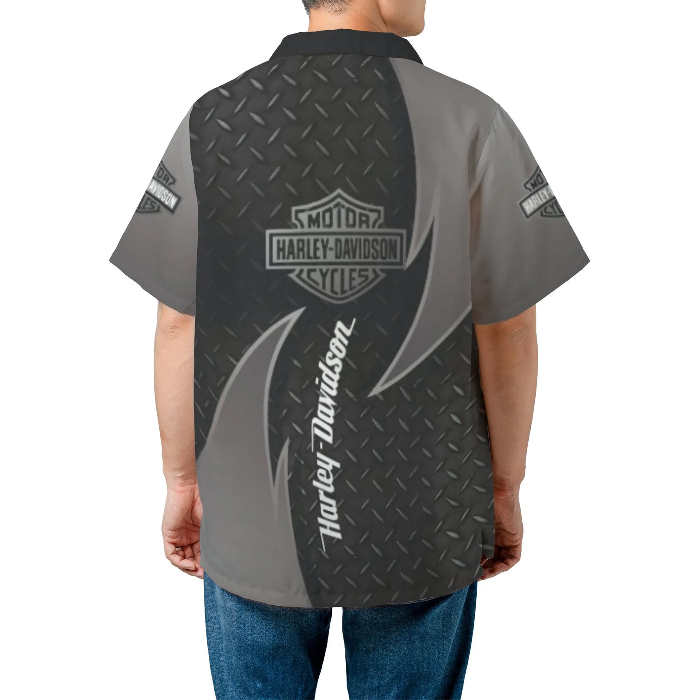Motorcycle Skull Hawaiian Shirt | Diamond Plate Pattern Graphic | Lightweight Woven Polyester | Premium Biker Gift For Men