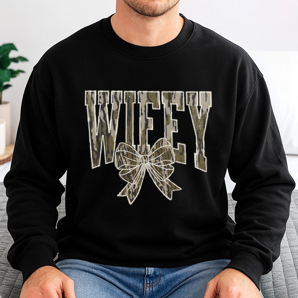 Wifey Camo Bow Sweatshirt | Trendy Camouflage Print Graphic Crewneck | Premium Cotton Blend Comfort | Wedding Gift for Bride 