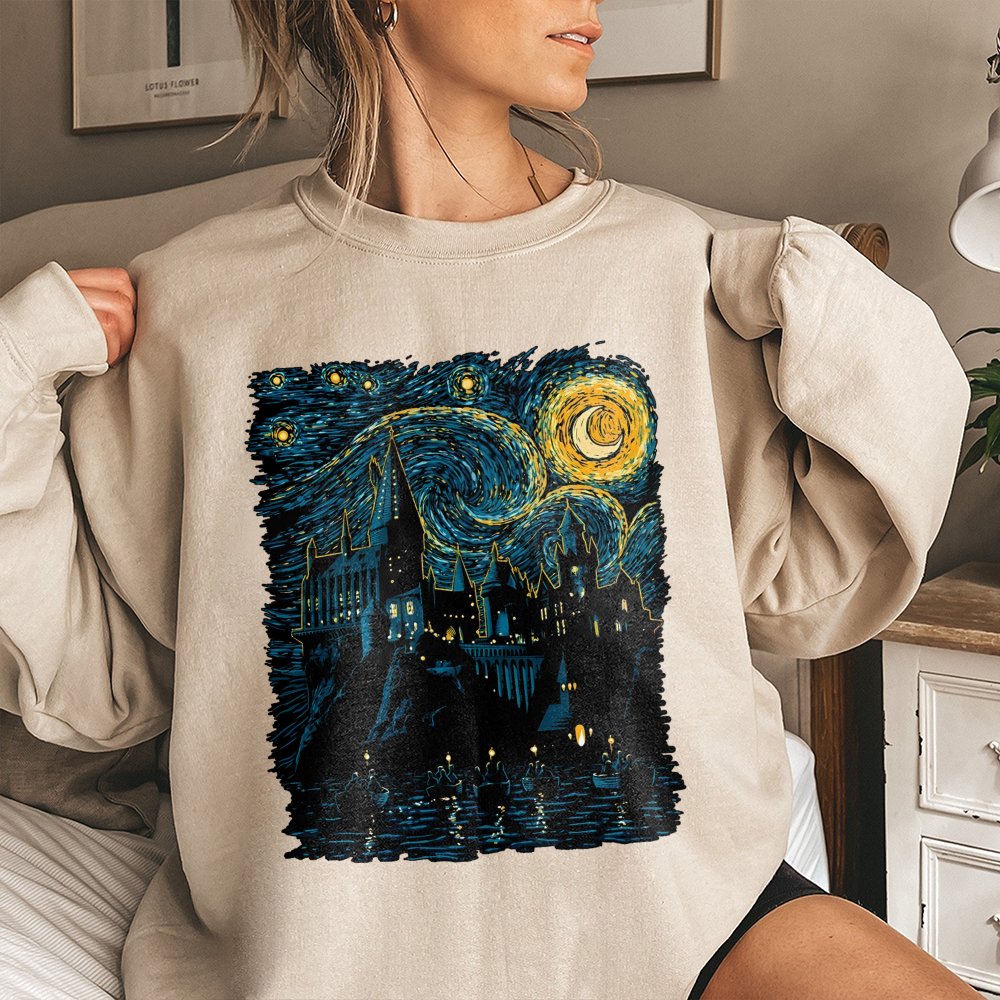 Wizard School Castle Sweatshirt | Starry Night Impressionist Art Design | Premium Cotton Blend | Magical Fan Gift For Adults