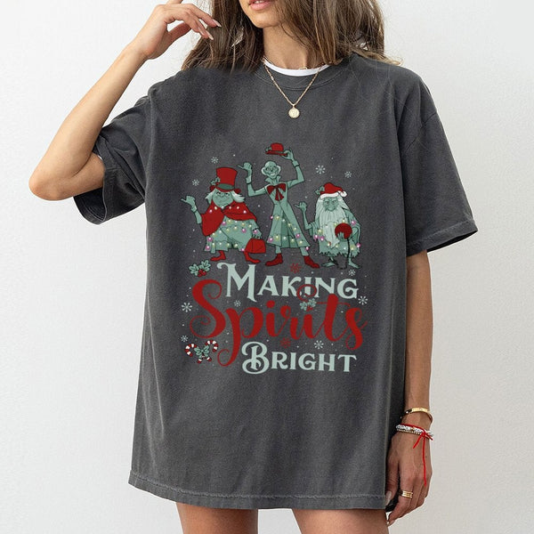 Making Spirits Bright T-Shirt | Haunted Hitchhiking Ghosts Design | Premium Cotton Christmas Graphic Tee | Spooky Holiday Gif