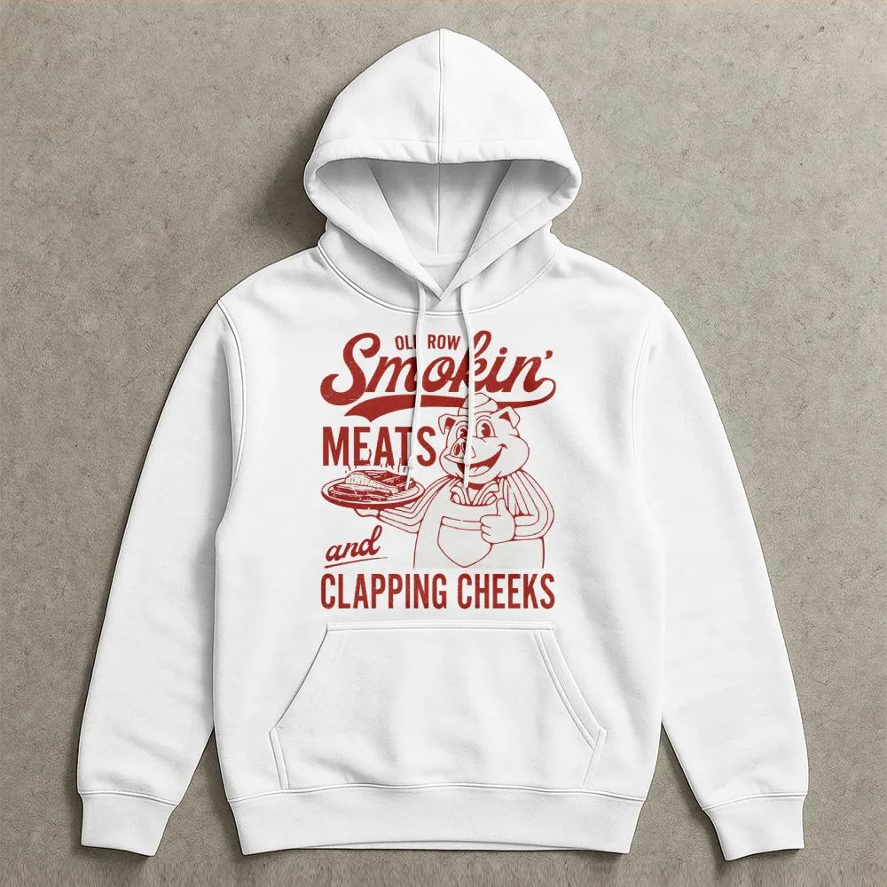 Smokin Meats And Clapping Cheeks Hoodie | Funny BBQ Master Graphic Sweatshirt | Premium Cotton Blend | Gift For Pitmaster Gri