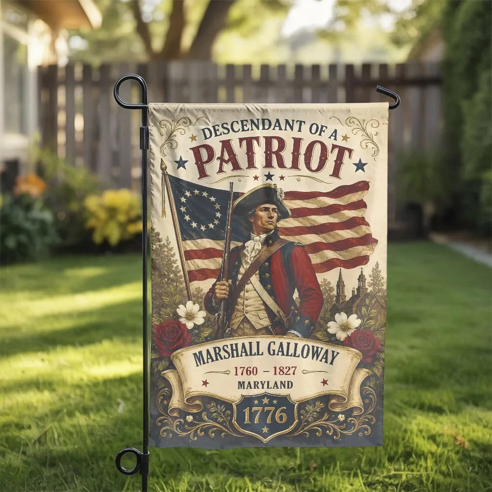 Personalized Descendant of a Patriot Garden Flag | Custom Revolutionary War Soldier Double Sided | Durable Weather Resistant 
