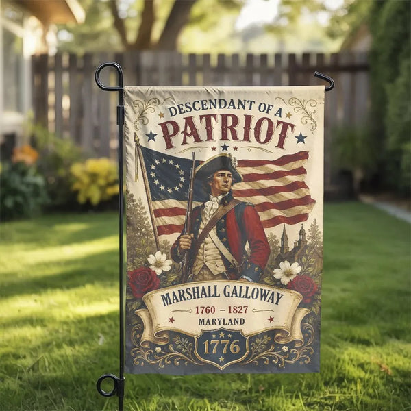 Personalized Descendant of a Patriot Garden Flag | Custom Revolutionary War Soldier Double Sided | Durable Weather Resistant 