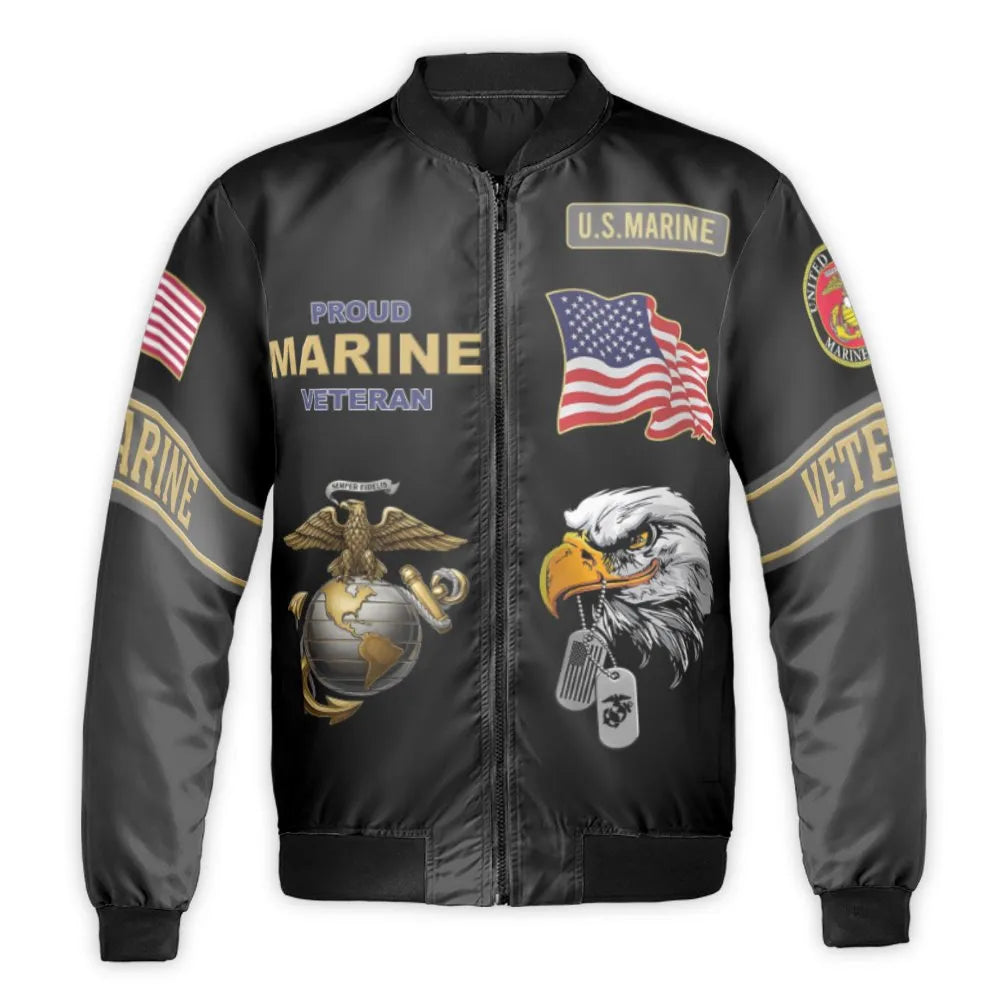 US Marine Veteran Bomber Jacket | Patriotic Eagle Globe & Anchor Print | Durable Nylon Shell | Military Gift for Men and Wome