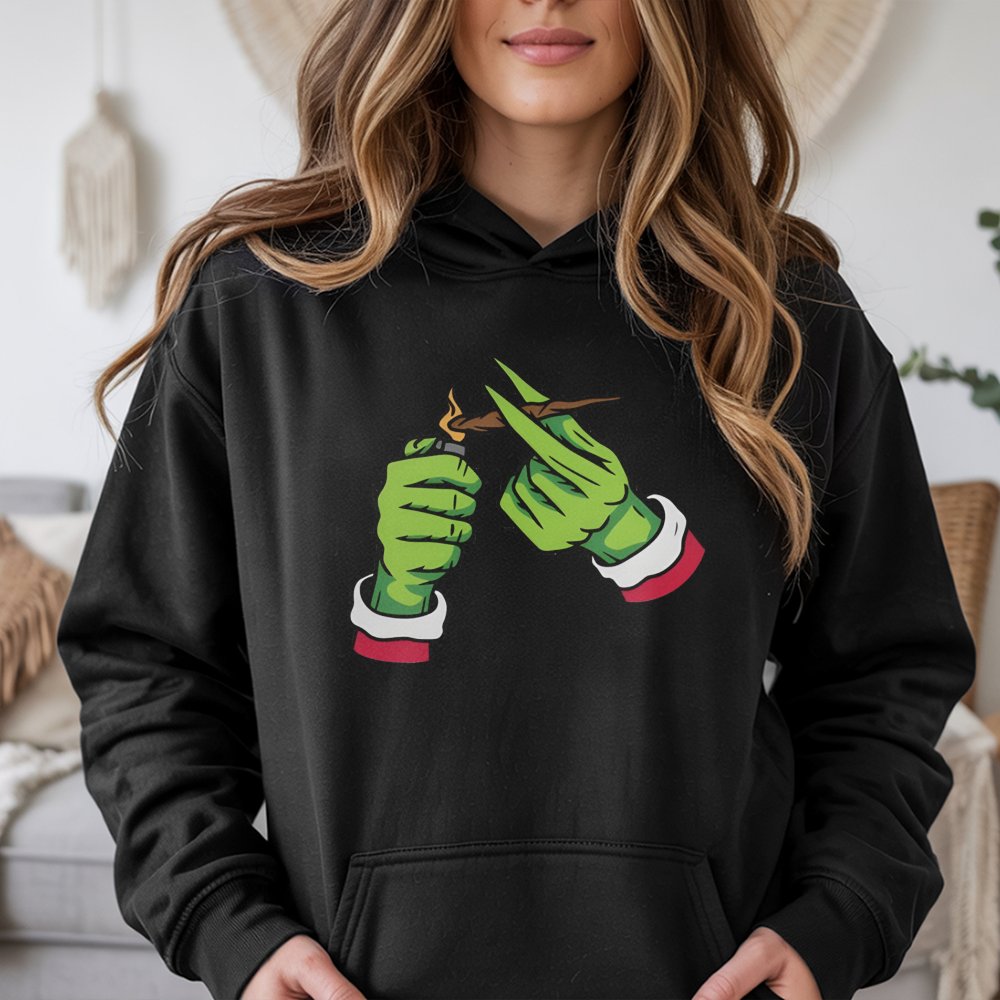 Green Monster Hand Hoodie | Funny Christmas Stoner Graphic | Soft Cotton Blend | Holiday Party Gift for Weed Lovers