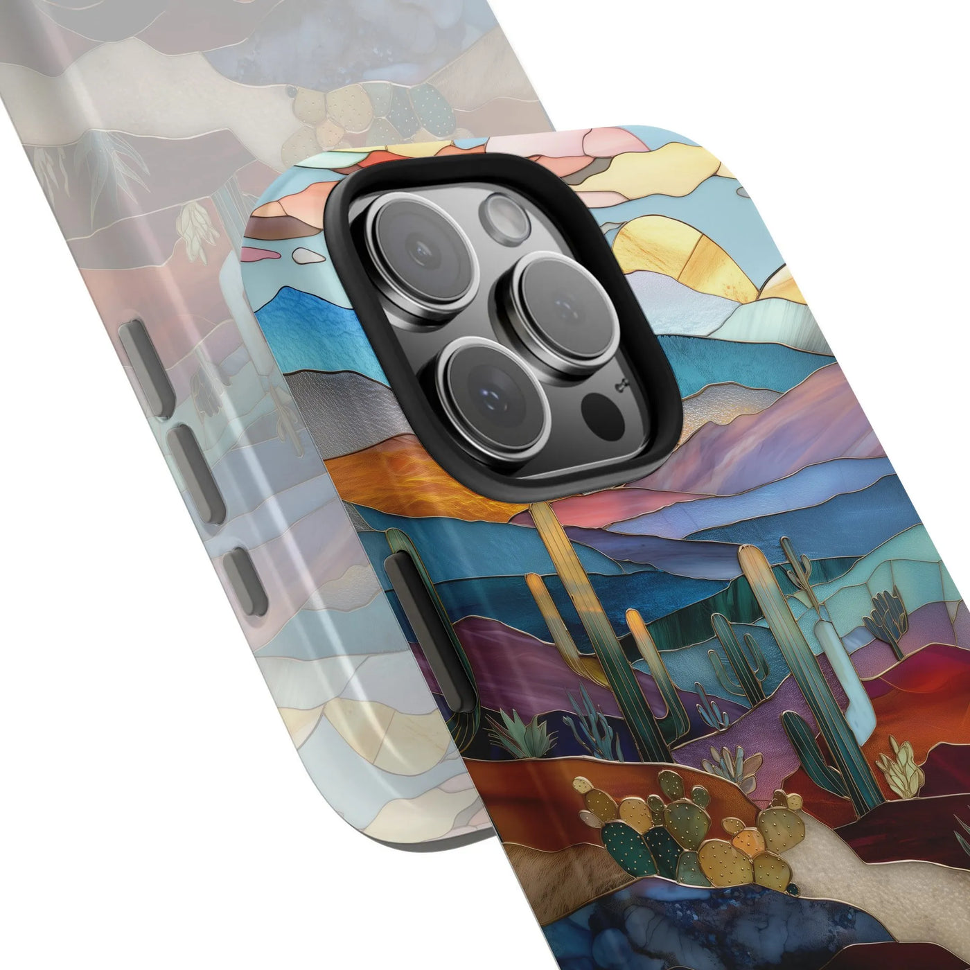 Stained Glass Desert Phone Case | Cactus Mountain Landscape Art | Dual-Layer Polycarbonate Protection | Unique Nature Lover G