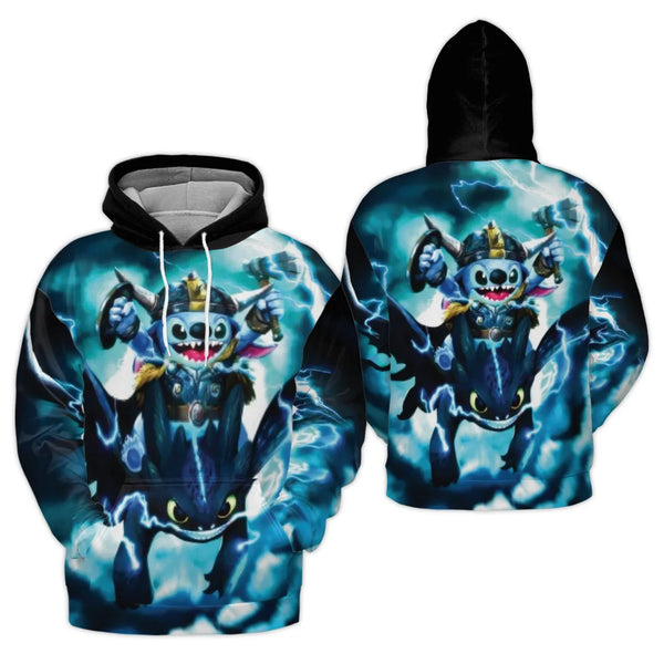 Alien Blue Character Viking Hoodie | Thunder Storm Graphic 3D Print | Premium Polyester Fleece | Unisex Pop Culture Fantasy G