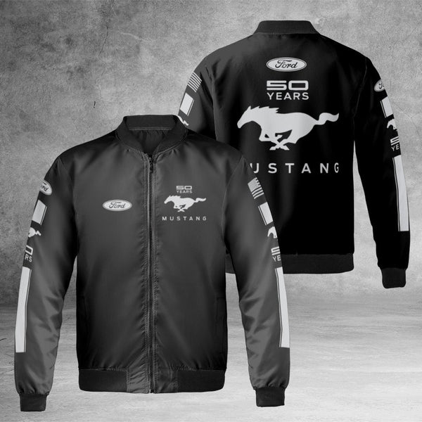 Ford Mustang Bomber Jacket | 50th Anniversary Logo Print | Durable Nylon Outerwear | Classic Streetwear Gift for Muscle Car E