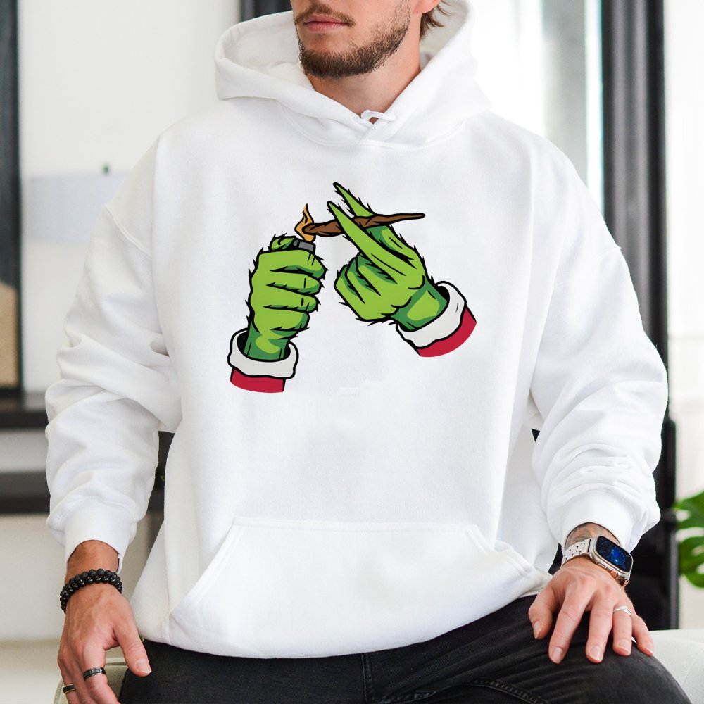 Green Monster Hand Hoodie | Funny Christmas Stoner Graphic | Soft Cotton Blend | Holiday Party Gift for Weed Lovers