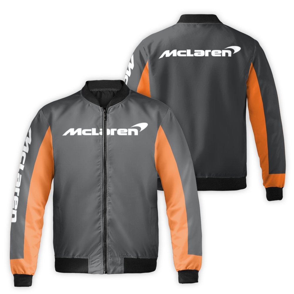 McLaren F1 Racing Bomber Jacket | Papaya Orange and Grey Streetwear | Durable Nylon Construction | Gift for Motorsport Formul