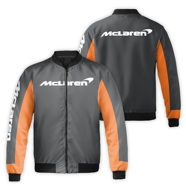 McLaren F1 Racing Bomber Jacket | Papaya Orange and Grey Streetwear | Durable Nylon Construction | Gift for Motorsport Formul