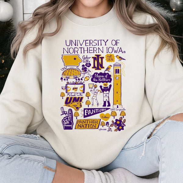 University Of Northern Iowa Sweatshirt | UNI Panthers Campus Art Collage | Premium Cotton Blend Crewneck | Gift For UNI Stude