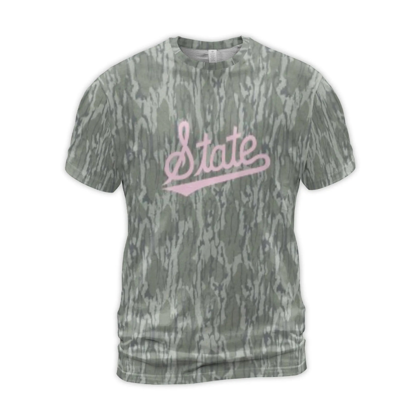 State Pink Script T-Shirt | All-Over Tree Bark Camo Pattern | Premium Stretchy Jersey Blend | Trendy Unisex Streetwear Gift f