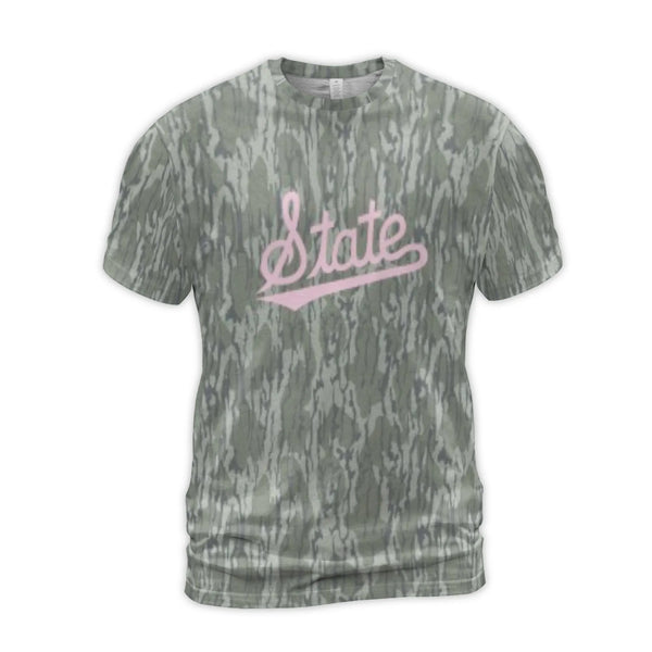 State Pink Script T-Shirt | All-Over Tree Bark Camo Pattern | Premium Stretchy Jersey Blend | Trendy Unisex Streetwear Gift f