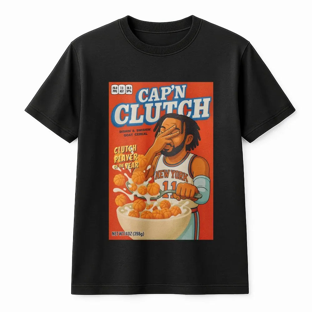 Jalen Brunson T-Shirt | Cap'n Clutch Cereal Box Graphic Design | Premium Soft Cotton | Basketball Gift for New York Knicks Fa