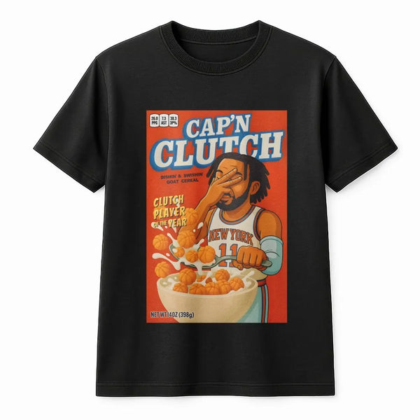 Jalen Brunson T-Shirt | Cap'n Clutch Cereal Box Graphic Design | Premium Soft Cotton | Basketball Gift for New York Knicks Fa