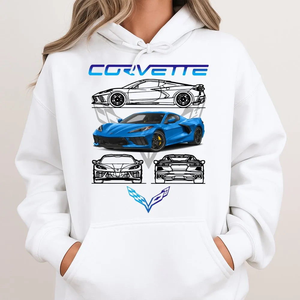 Corvette C8 Hoodie | Blue Sports Car Graphic Print | Premium Cotton Blend | Gift for Car Enthusiasts & Racing Fans