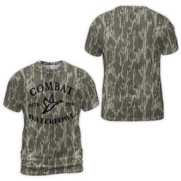 Combat Waterfowl T-Shirt | Camo Print Duck Hunting Graphic | Premium Jersey Polyester Spandex | Gift for Outdoorsman Hunter