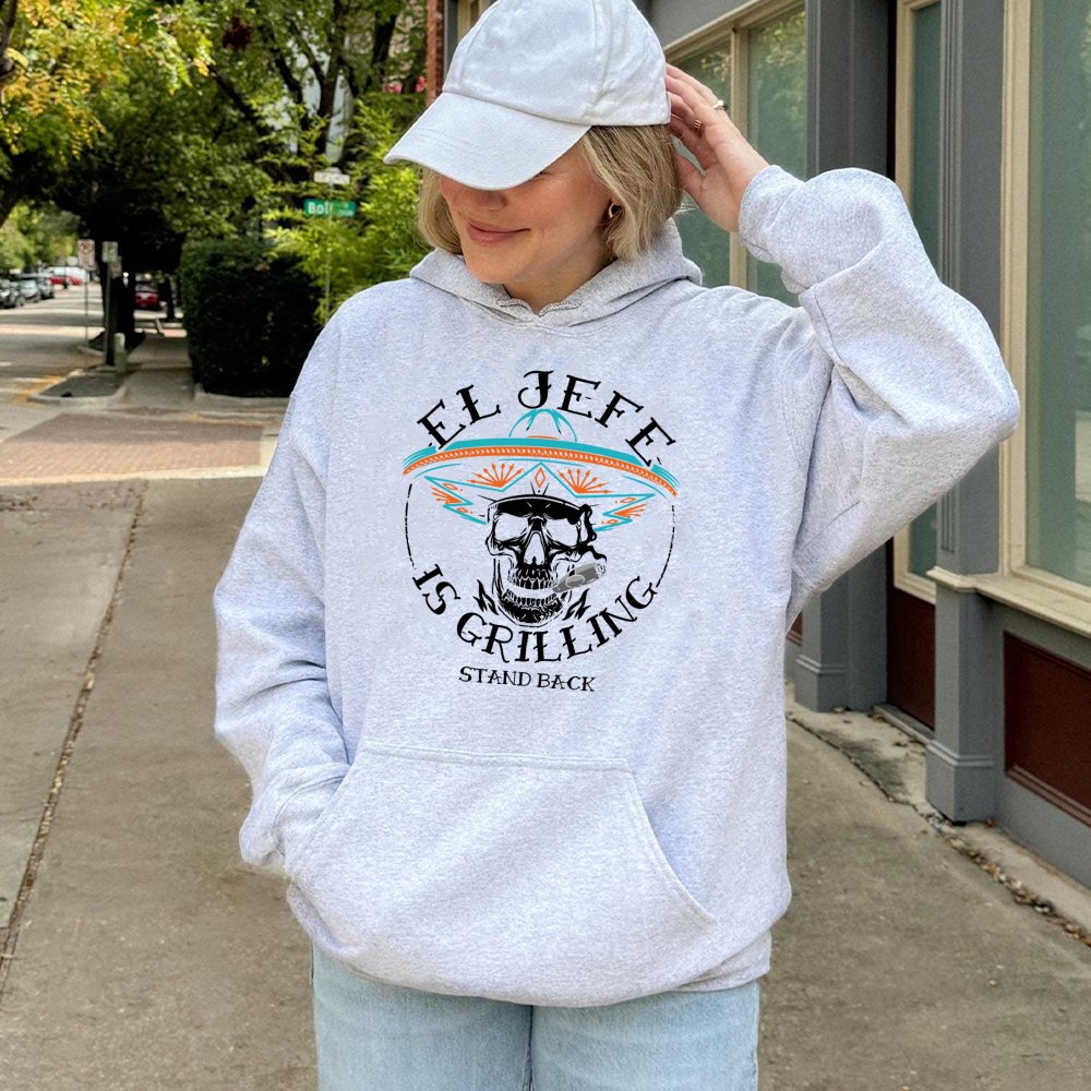 El Jefe Is Grilling Hoodie | Skull With Sombrero BBQ Graphic | Premium Cotton Blend | Funny Grill Master Gift For Dad